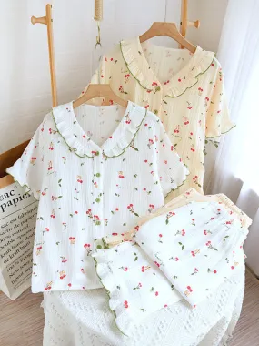 Cherry Print Color Block Cotton Cotton Pajamas