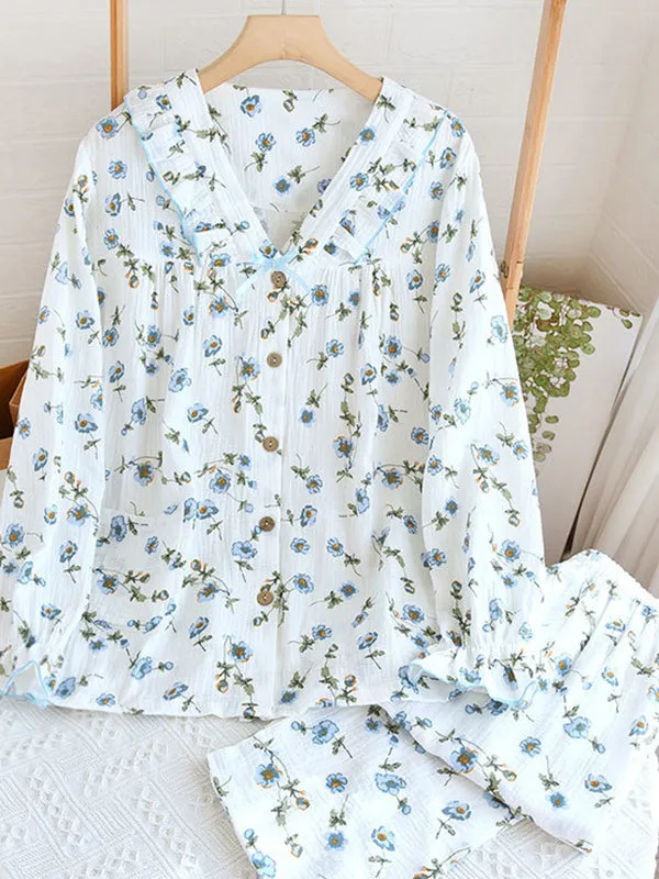 Cotton 2Pcs V Neck Floral Pajama Set