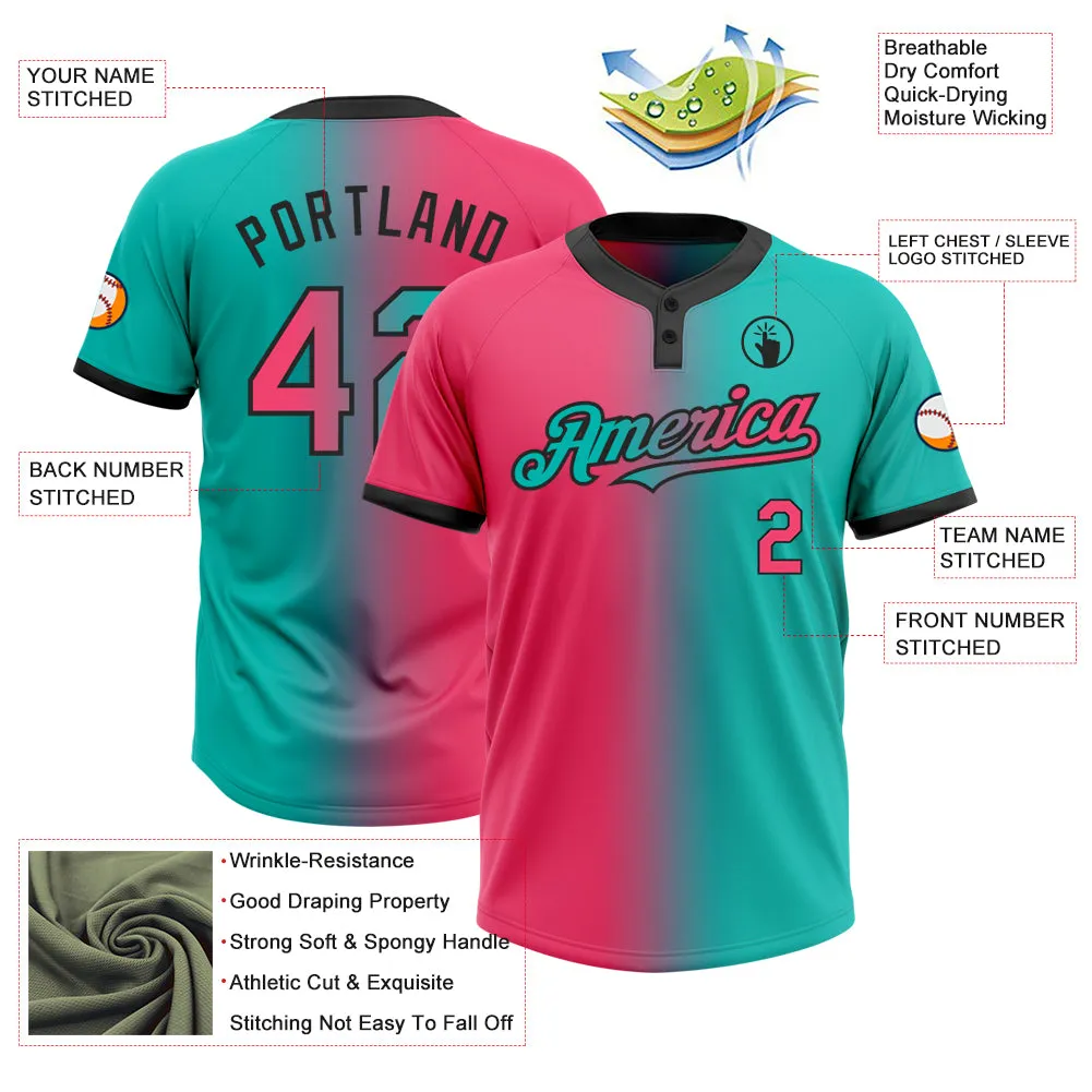 Custom Aqua Neon Pink-Black Gradient Fashion Two-Button Unisex Softball Jersey