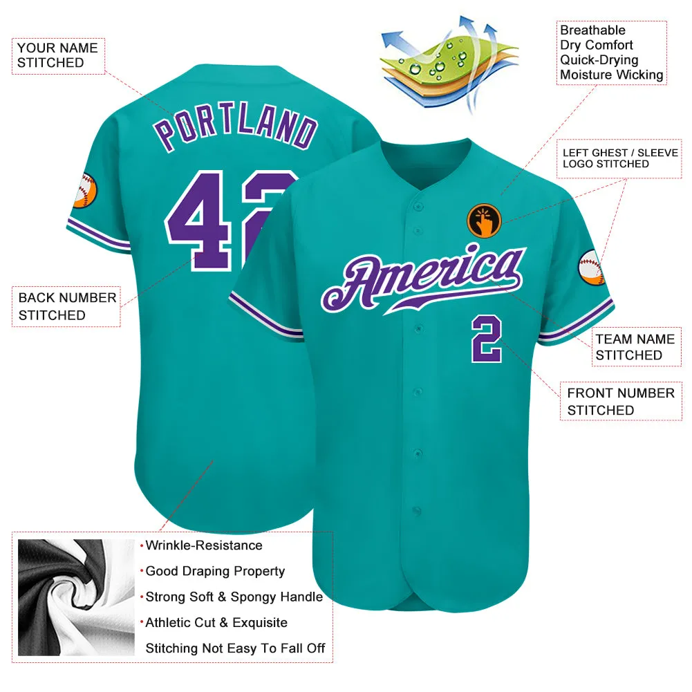 Custom Aqua Purple-White Authentic Baseball Jersey