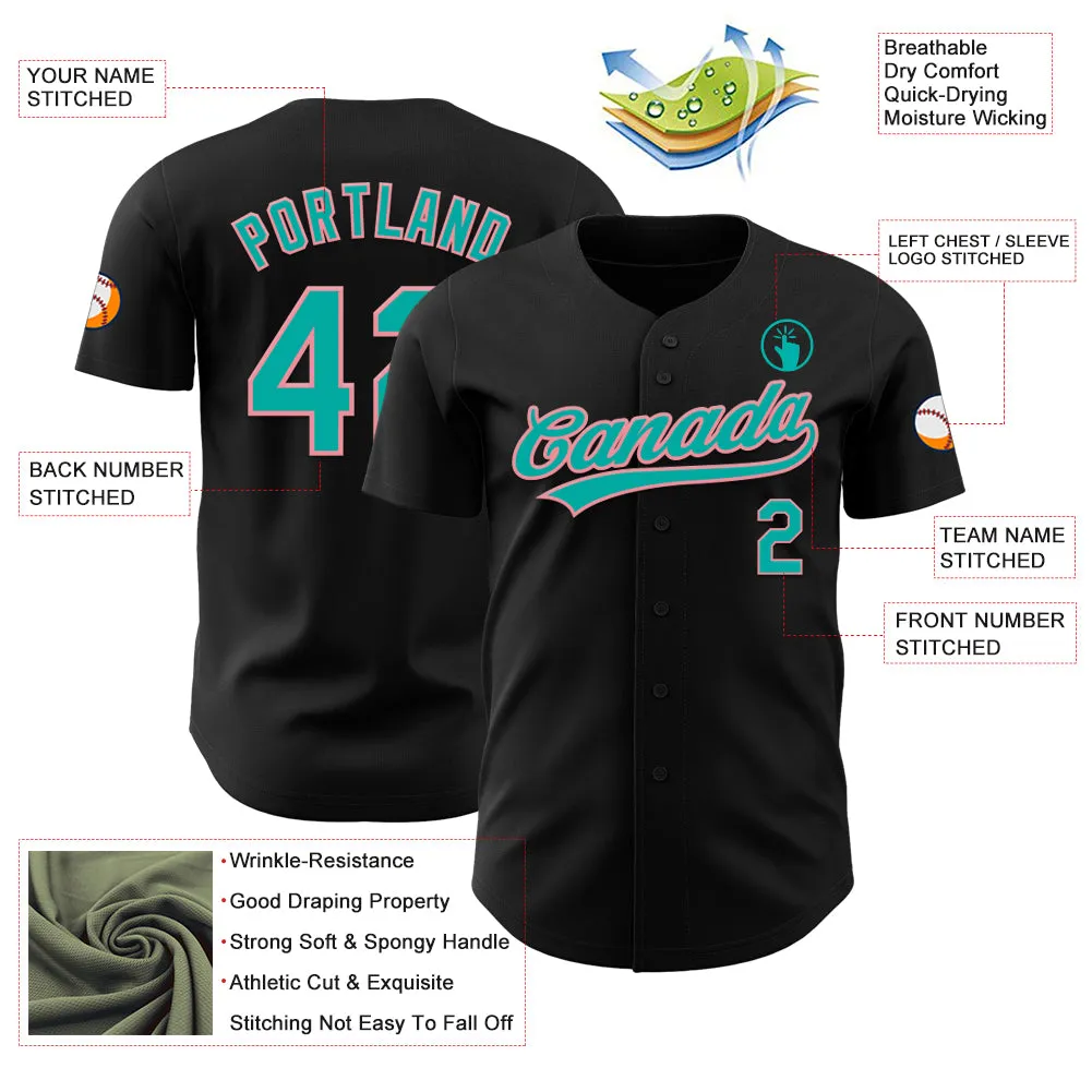 Custom Black Aqua-Medium Pink Authentic Baseball Jersey