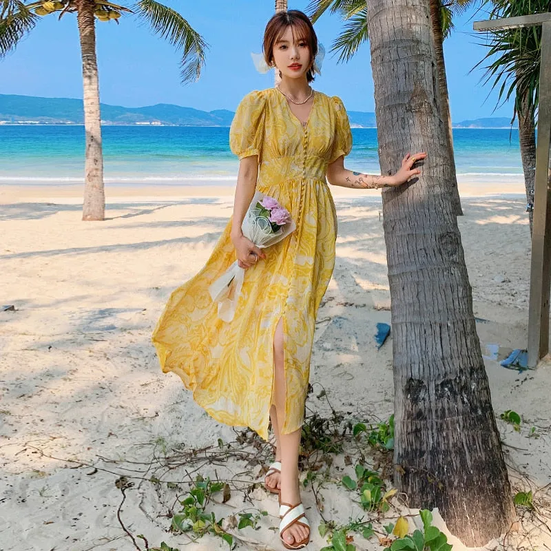 deanwangkt Summer Bohemian Yellow Women's Senior Sense Chiffon V-neck High Waist Thin Temperament Elegant Fashion Seaside Resort Long Dress