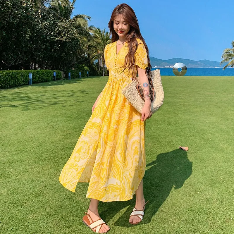 deanwangkt Summer Bohemian Yellow Women's Senior Sense Chiffon V-neck High Waist Thin Temperament Elegant Fashion Seaside Resort Long Dress