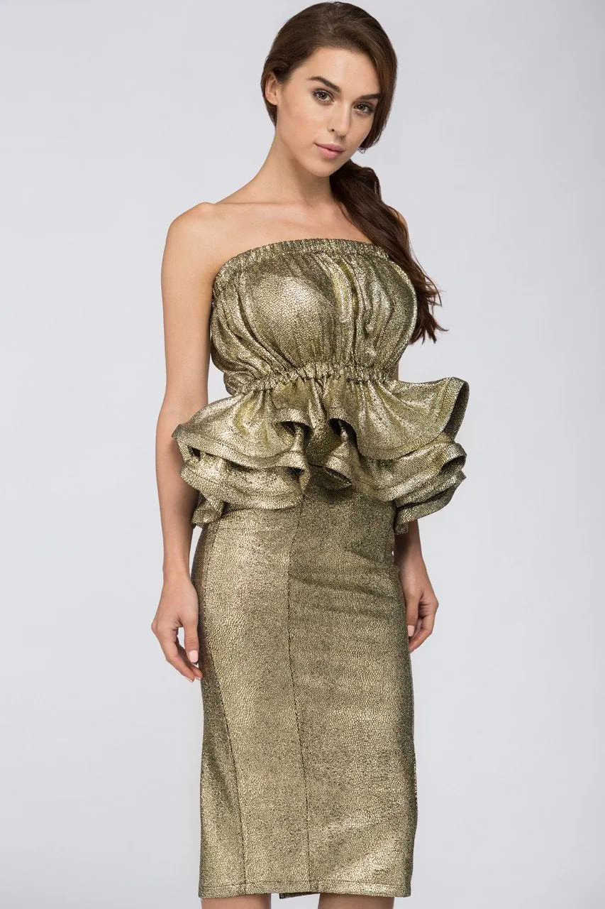 Deema Al Asadi - Gold Strapless Peplum Two-piece Midi Dress