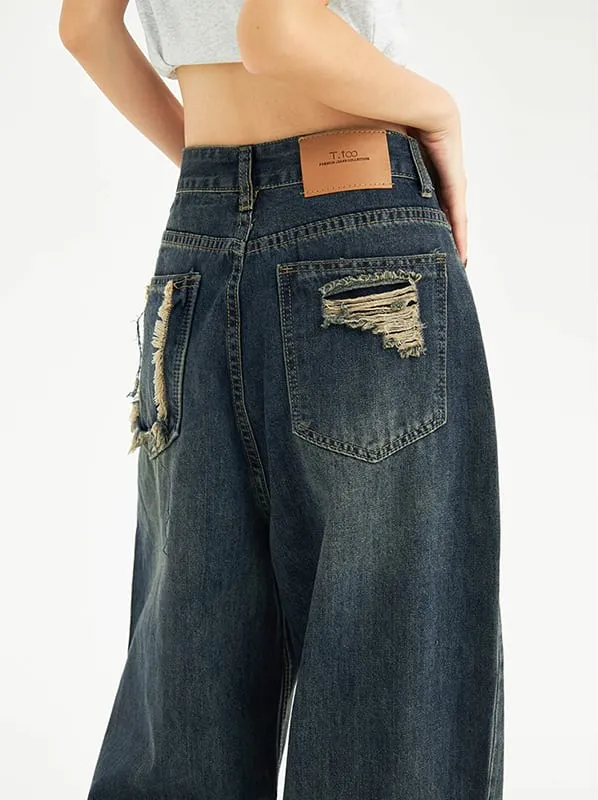 Distressed Pocket Wide Leg Jeans