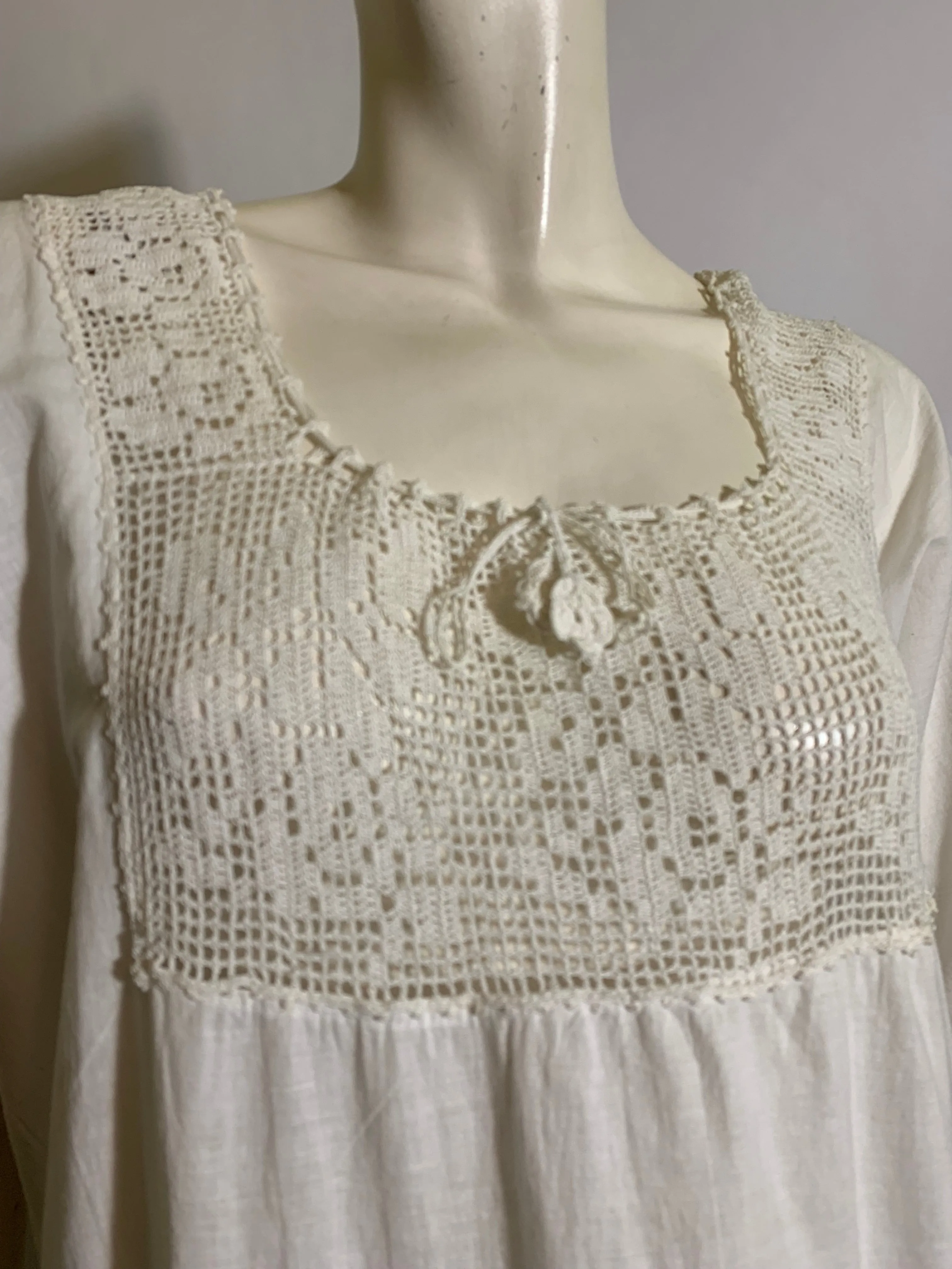 Dreamy White Cotton Nightgown with Crocheted Neckline and Cinch Tie circa 1910s