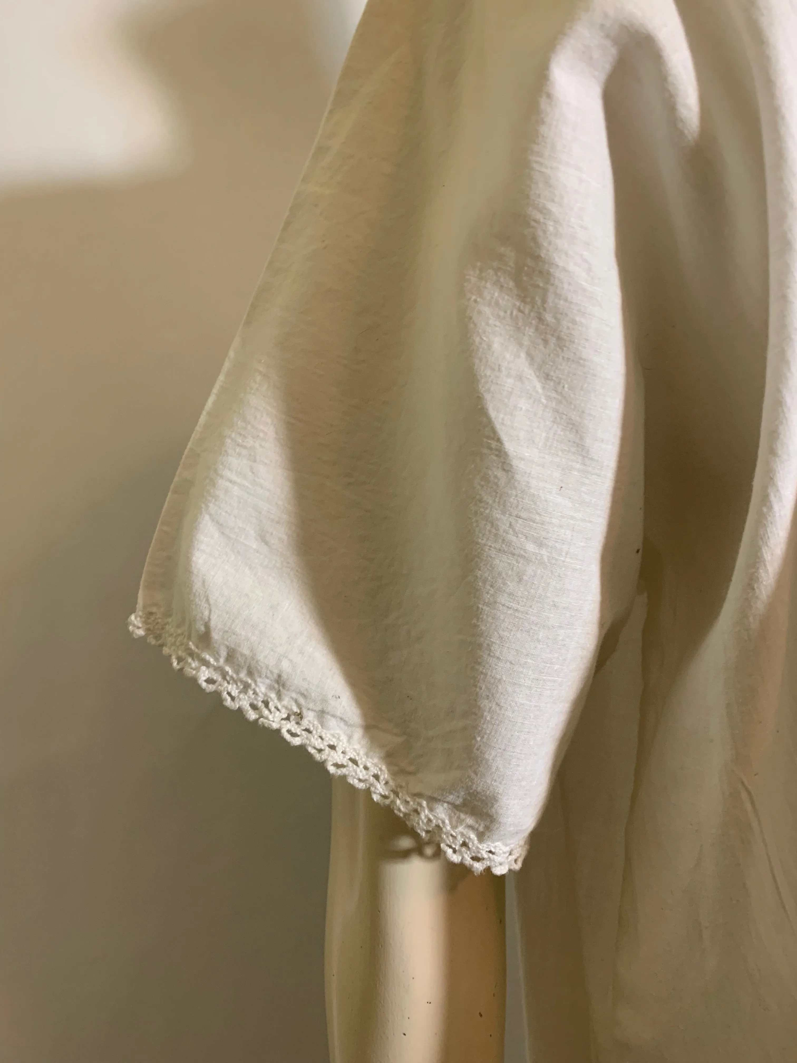 Dreamy White Cotton Nightgown with Crocheted Neckline and Cinch Tie circa 1910s