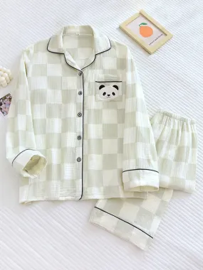 Embroidered Panda Plaid Cotton Pajama Set