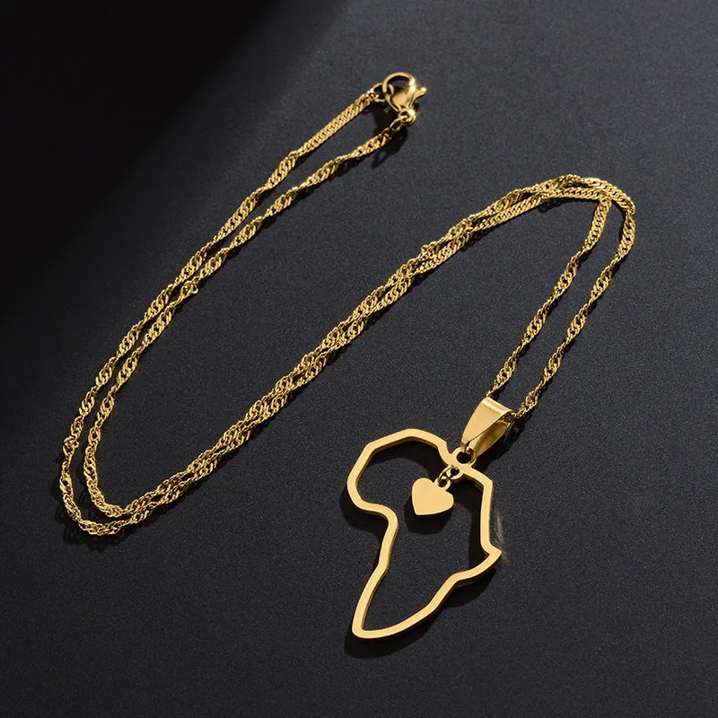 European and American fashion trends, personalized African map necklace, stainless steel golden water wave chain, hollow heart shaped pendant