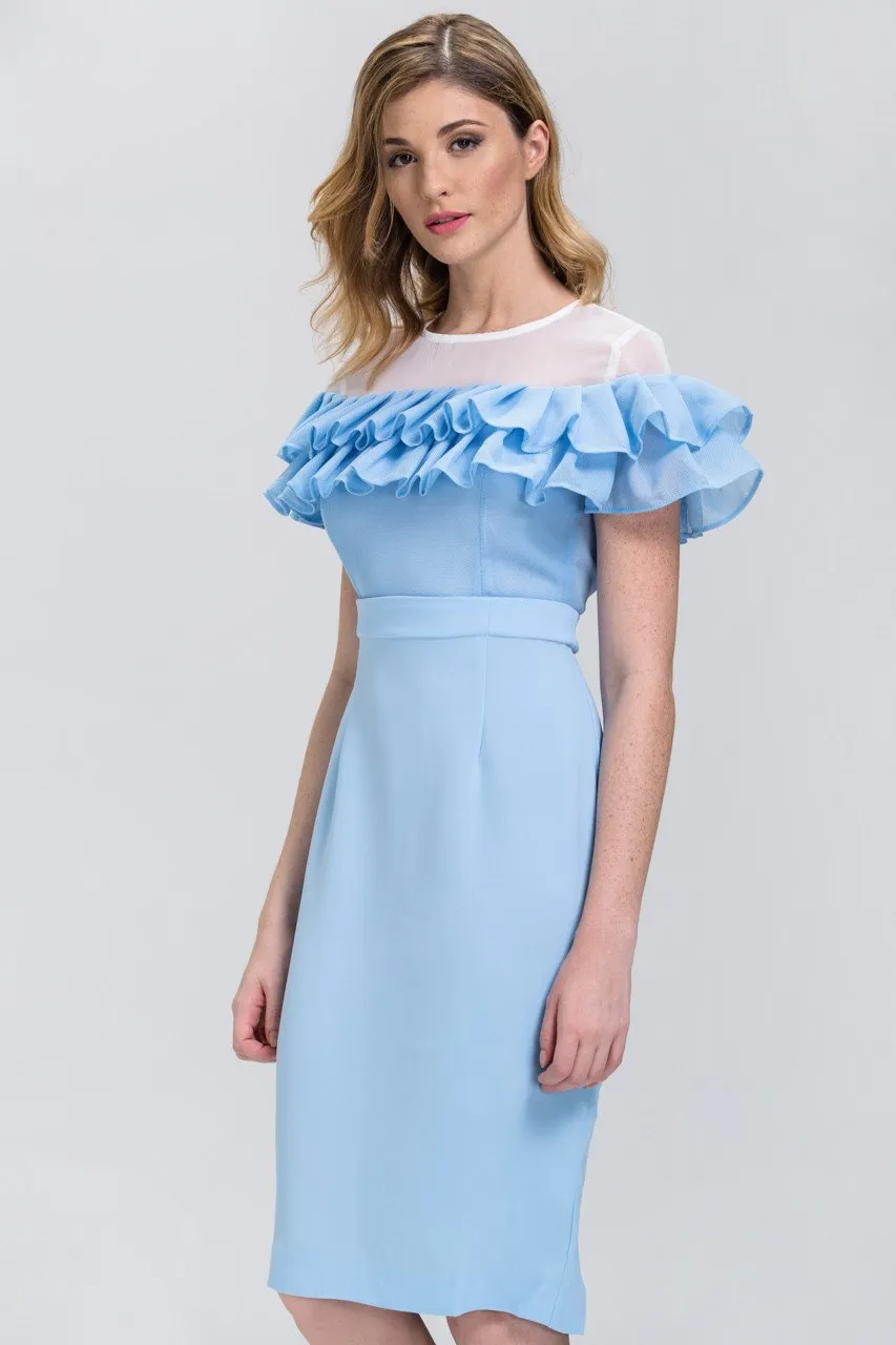 Fatima Almomen - Baby Blue Mesh Yoke Ruffled Midi Dress