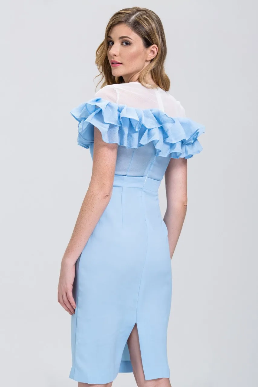 Fatima Almomen - Baby Blue Mesh Yoke Ruffled Midi Dress