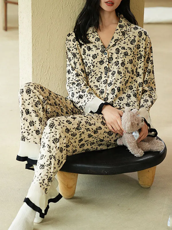 Flared Trim Decor Floral Pjama Set