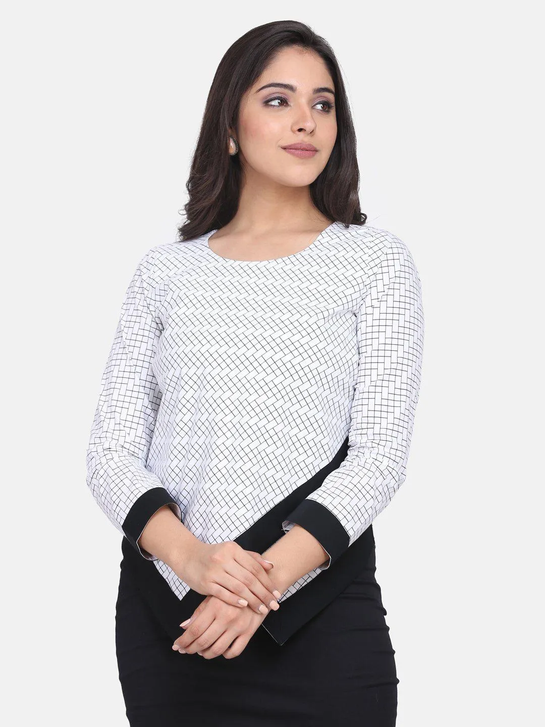 Geometric Pattern Patch Detail Cotton Top - White