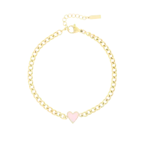 Gold coloured bracelet with pink heart charm