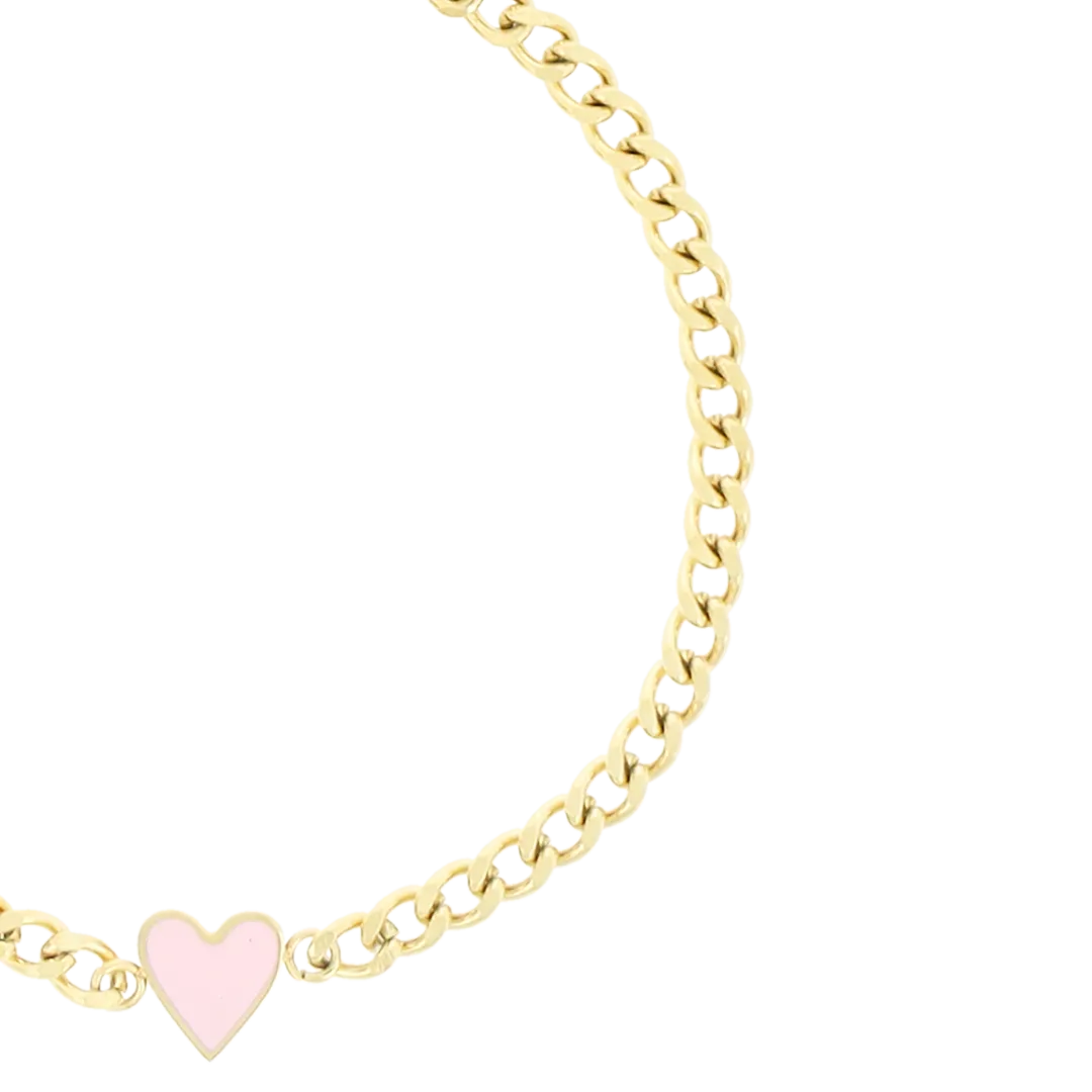 Gold coloured bracelet with pink heart charm