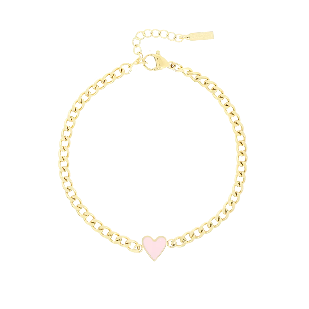 Gold coloured bracelet with pink heart charm