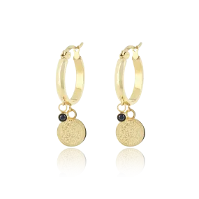 Gold coloured hoop earrings with a coin charm