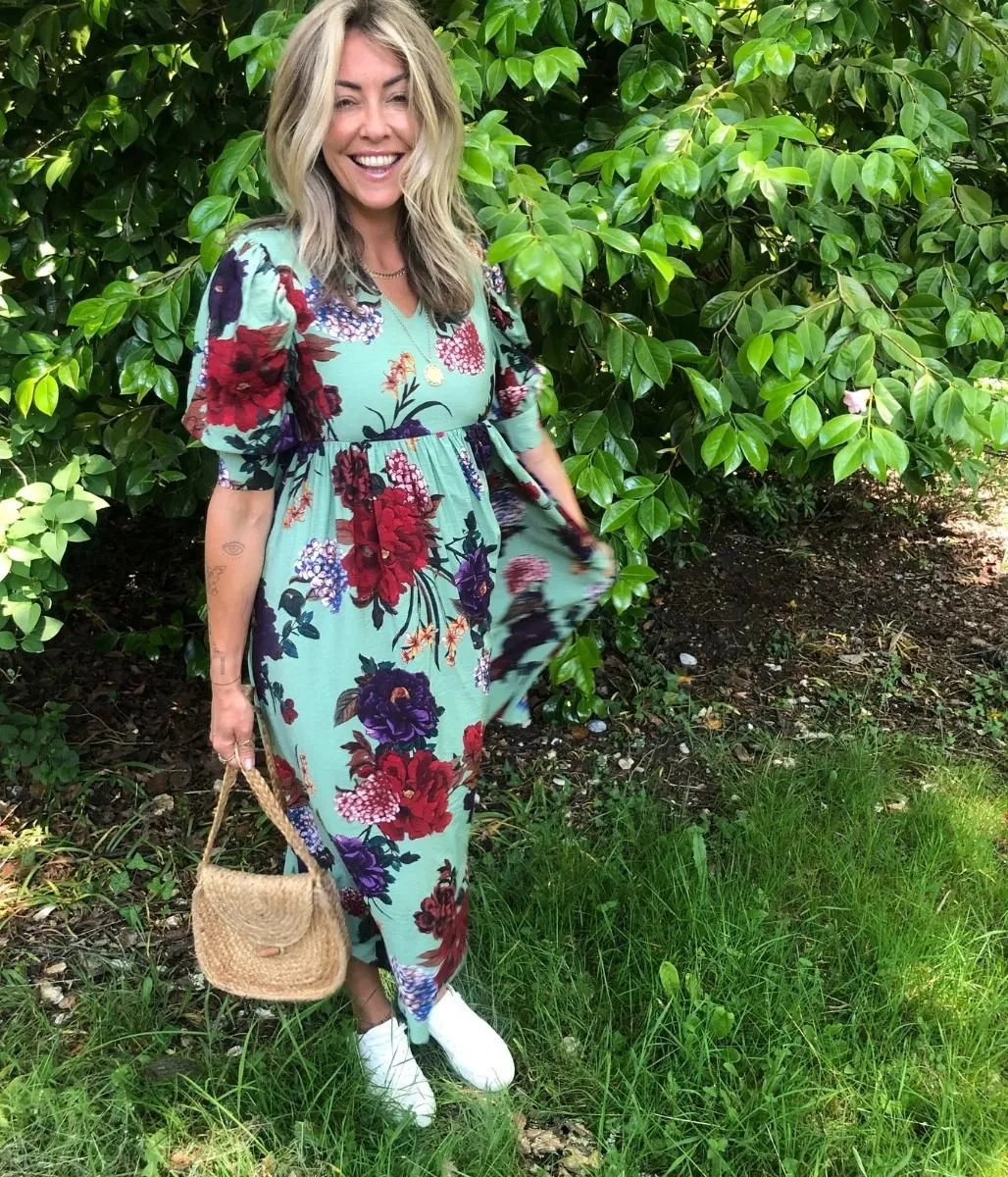 Green Floral Print Tiered Midi Dress