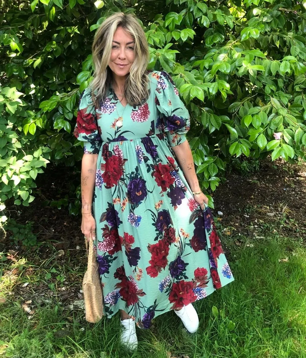 Green Floral Print Tiered Midi Dress