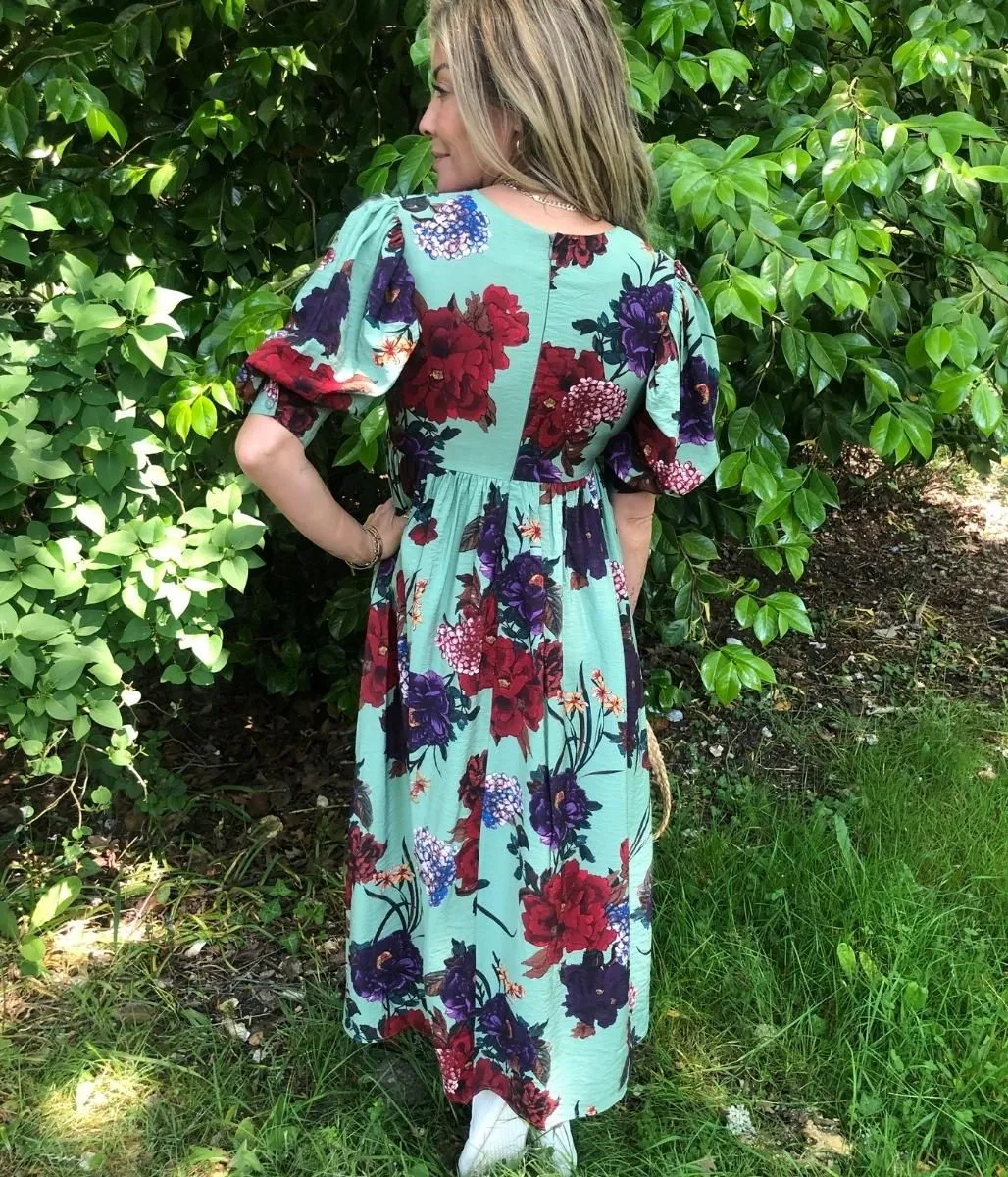 Green Floral Print Tiered Midi Dress