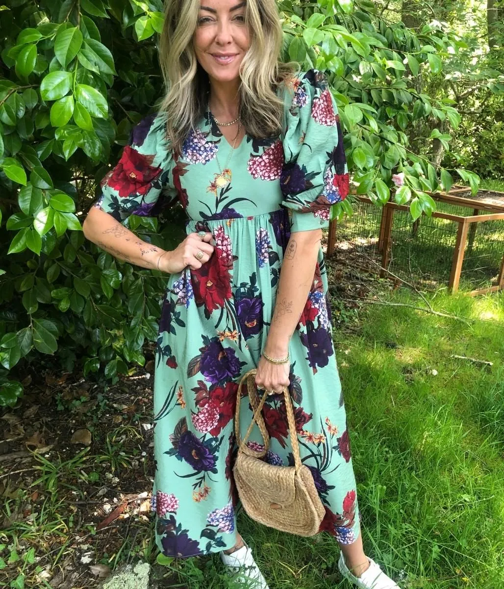 Green Floral Print Tiered Midi Dress