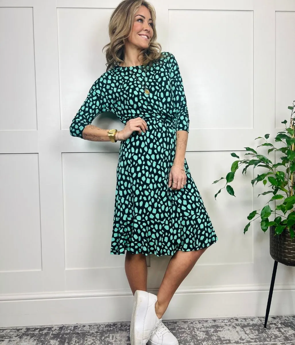 Green Print Ruffle Hem Dress