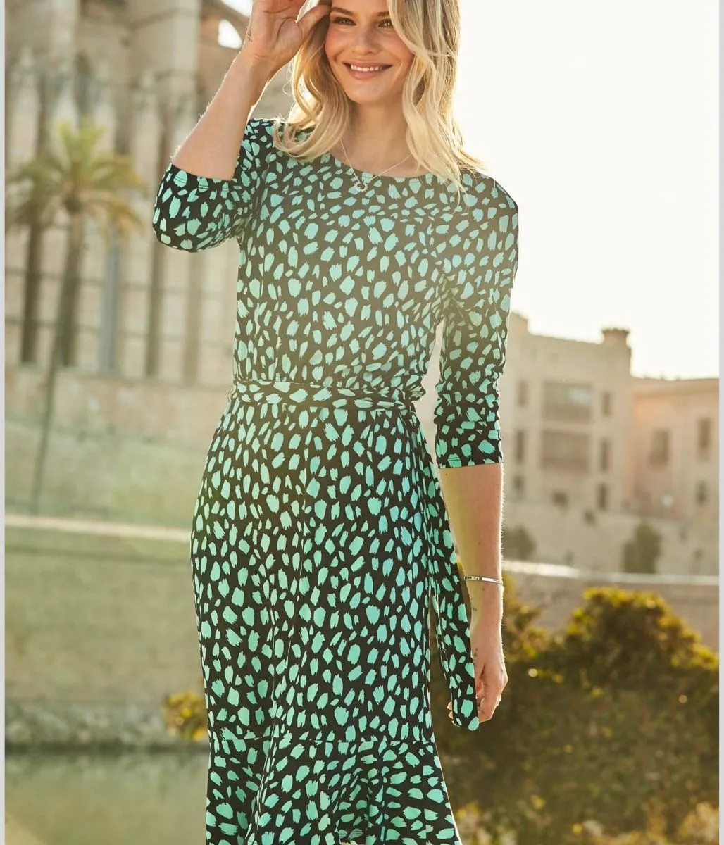 Green Print Ruffle Hem Dress