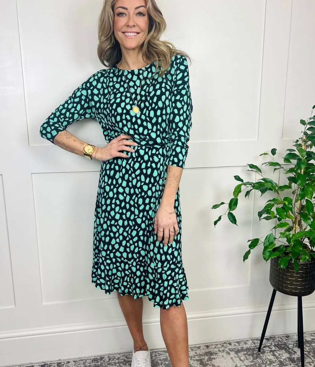 Green Print Ruffle Hem Dress