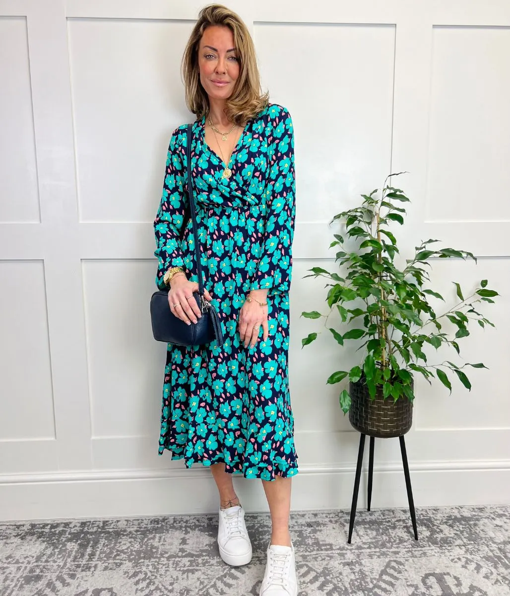 Green Vibrant Floral Print Wrap Midi Dress