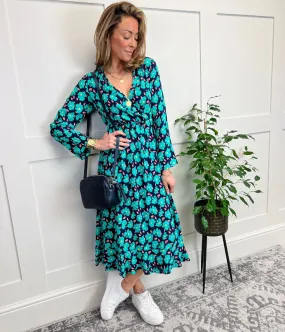 Green Vibrant Floral Print Wrap Midi Dress