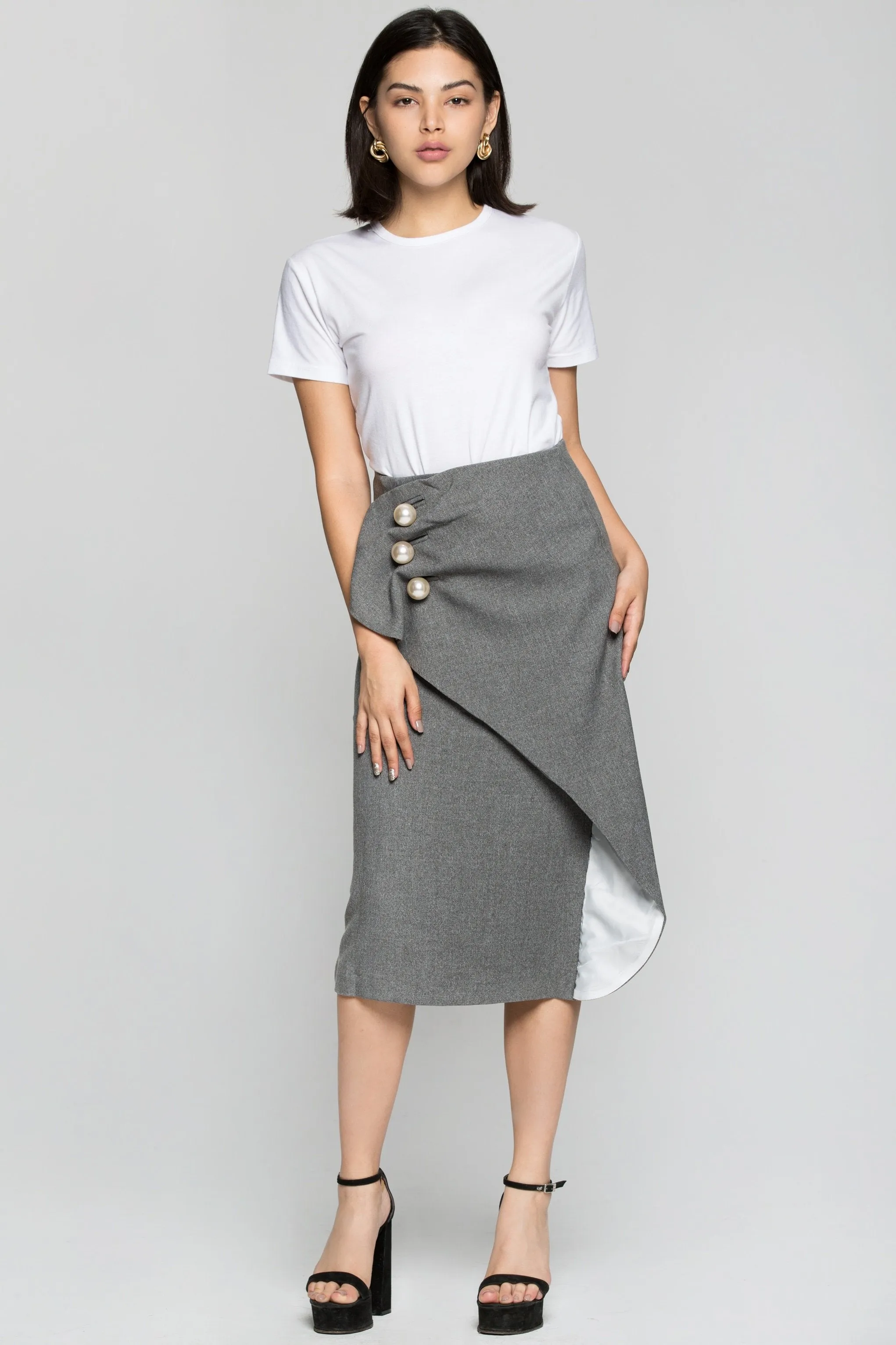 Grey Pearl Detail Pencil Skirt