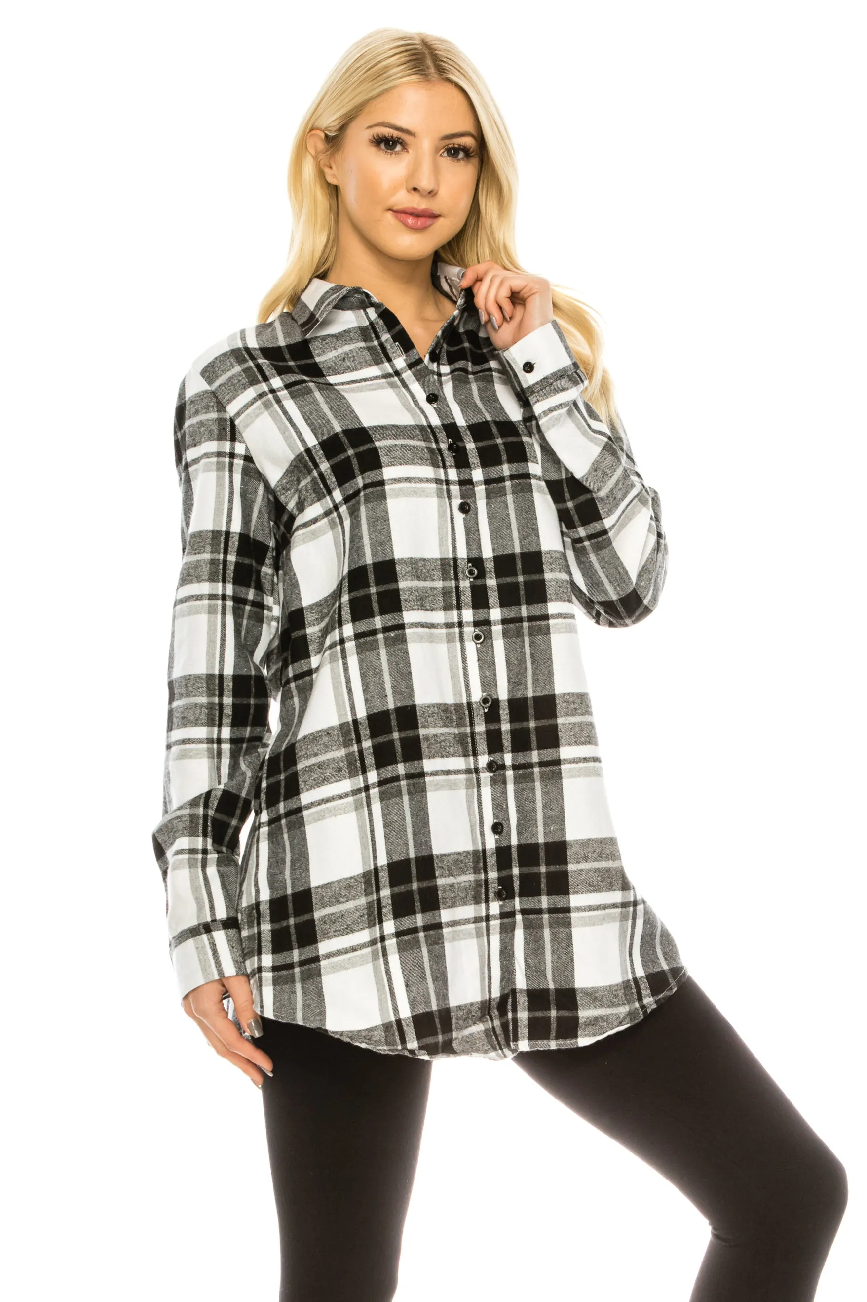 Haute Edition Women's Long Button Down Flannel Tunic Shirt with Plus