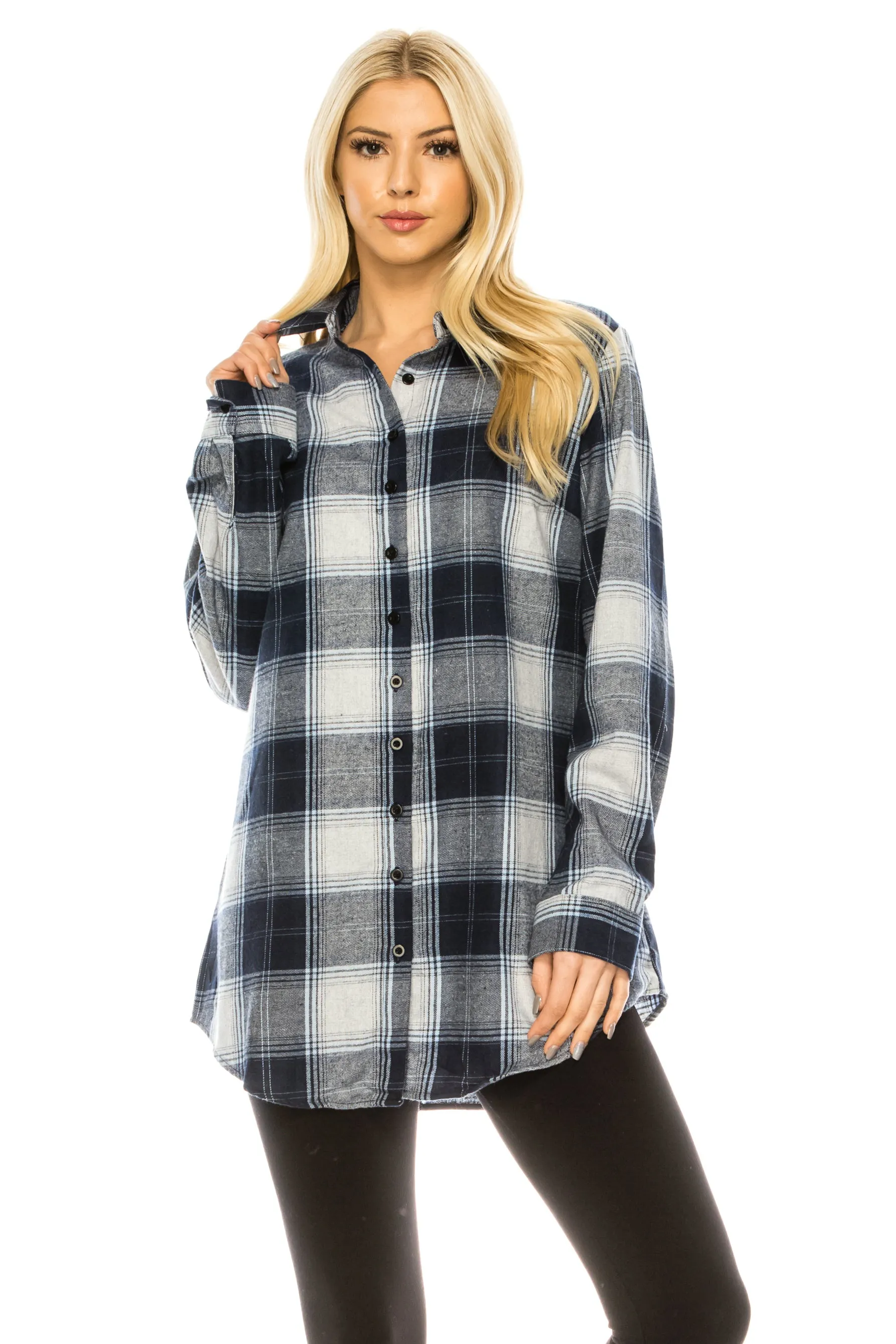 Haute Edition Women's Long Button Down Flannel Tunic Shirt with Plus