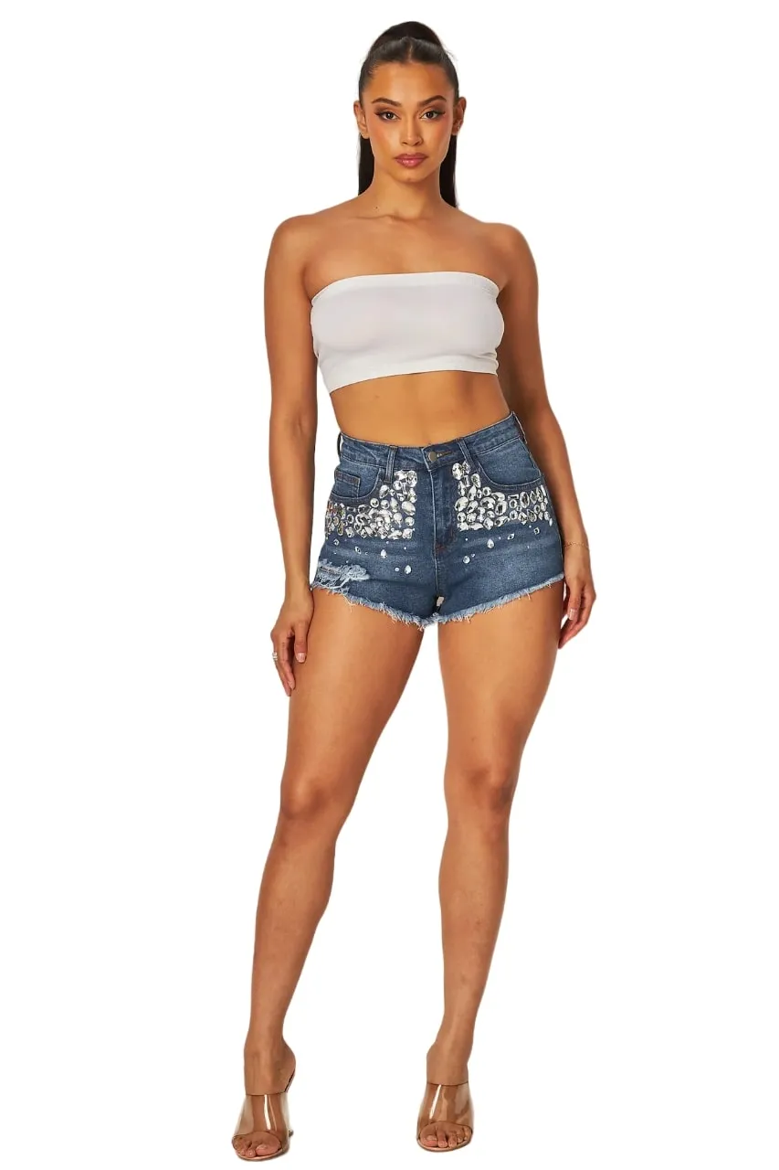 Hot & Delicious Women's Giovanna Jewel Stone Denim Jean Short Shorts