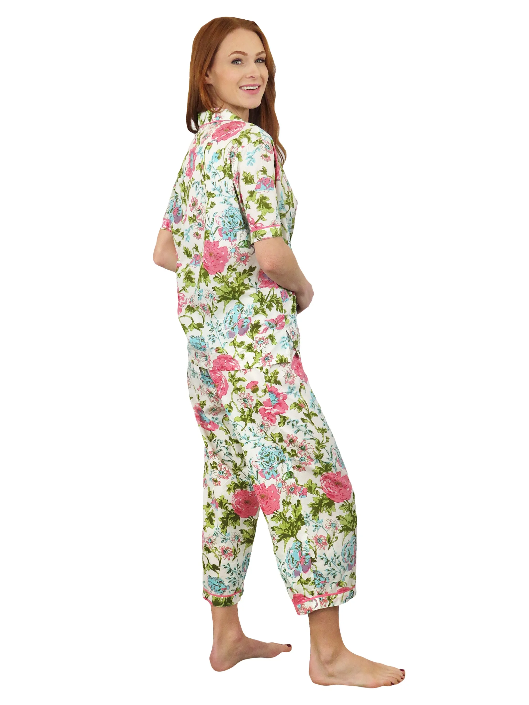 La Cera Short Sleeve English Garden Print Cotton Pajama Set