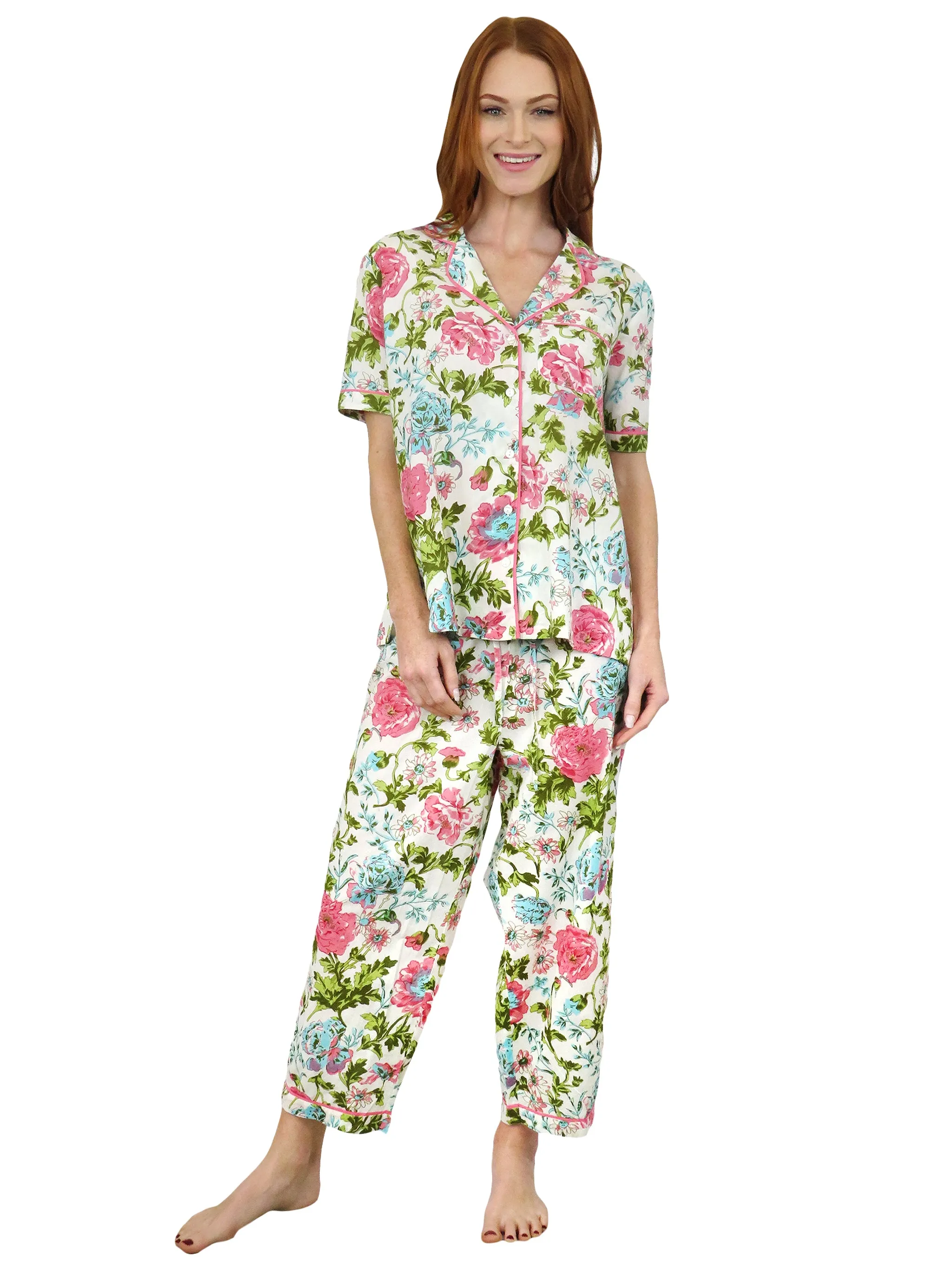 La Cera Short Sleeve English Garden Print Cotton Pajama Set