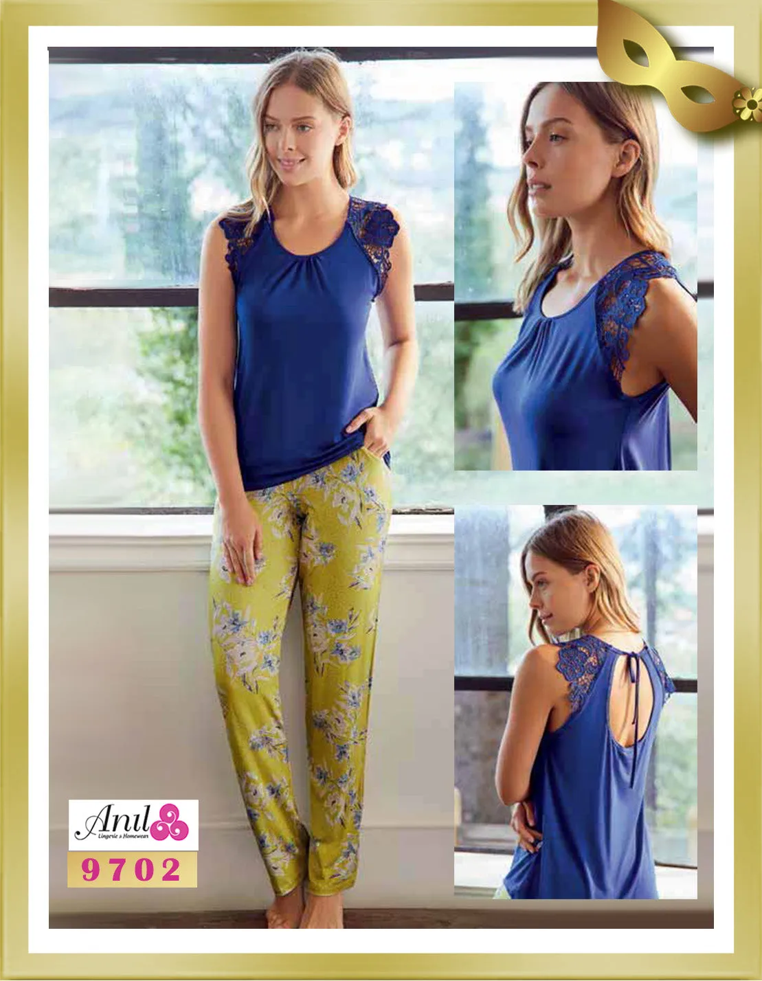 Lace Detailed Top and Floral Printed Pants Pajamas 9702