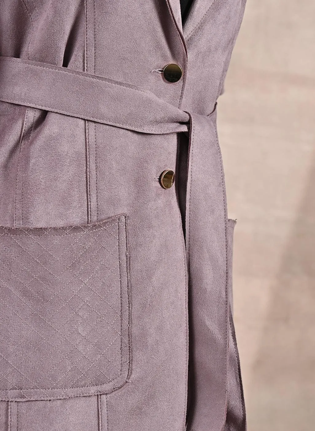 Lavender Suede Coat with Front Pocket & Notched Collar