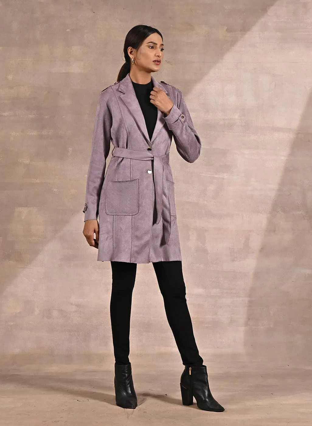 Lavender Suede Coat with Front Pocket & Notched Collar