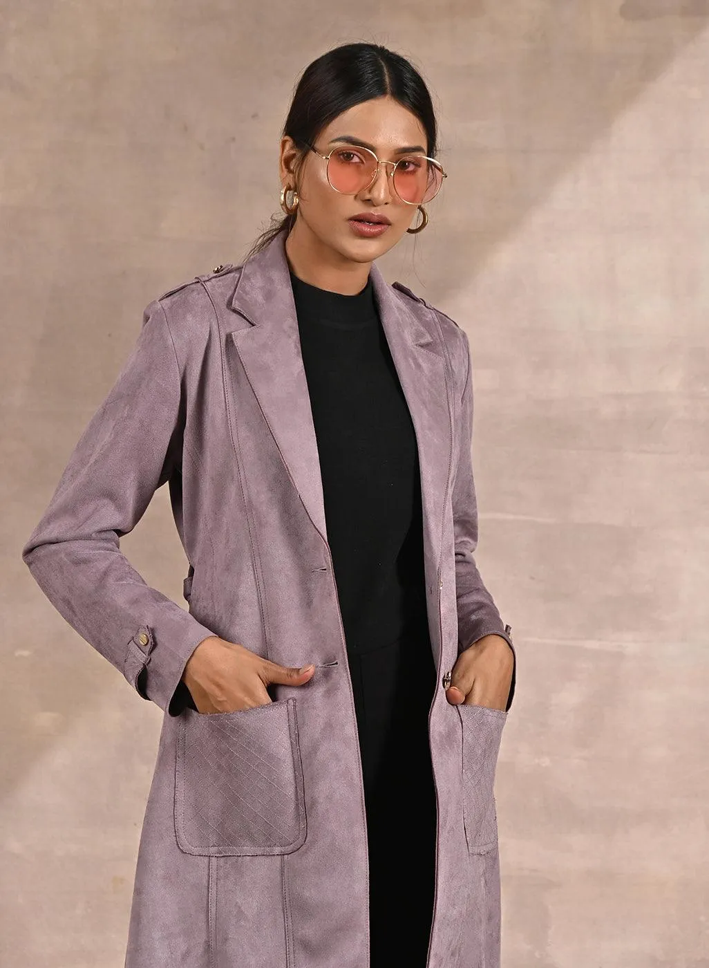 Lavender Suede Coat with Front Pocket & Notched Collar