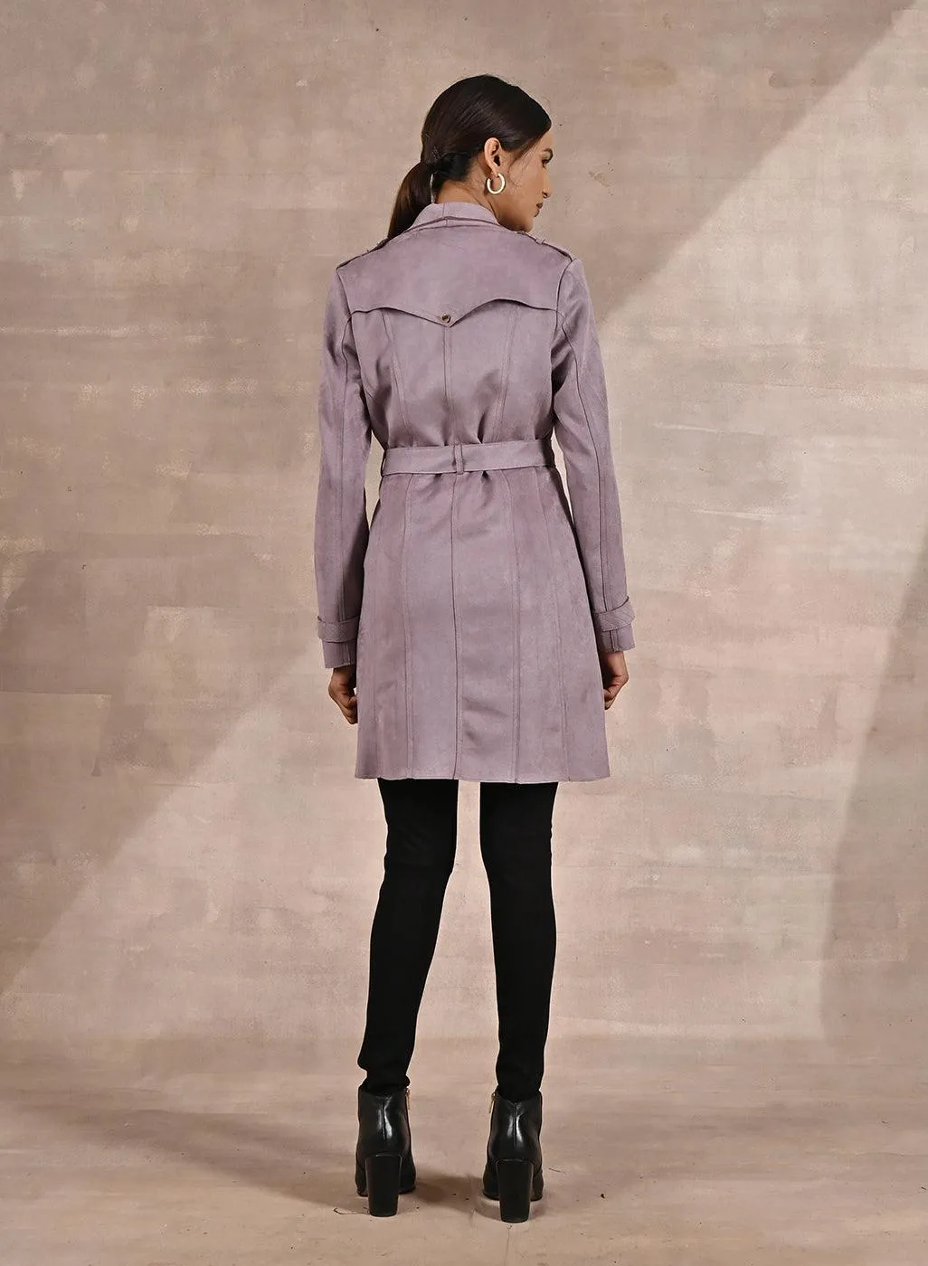 Lavender Suede Coat with Front Pocket & Notched Collar