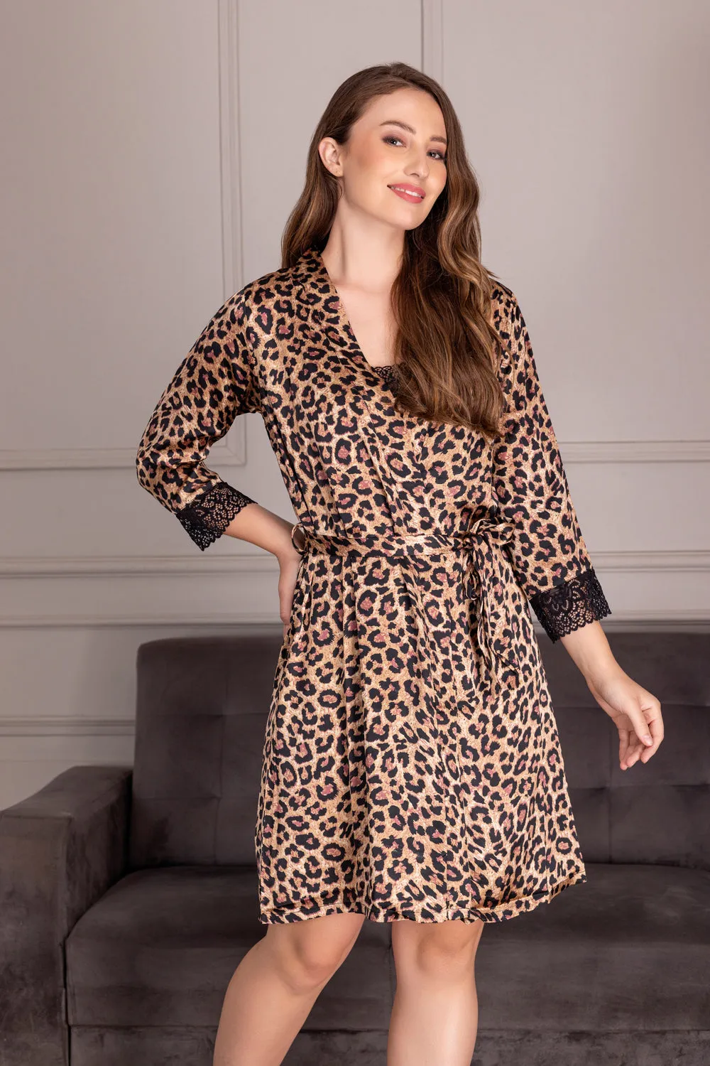 Leopard Print Satin Babydoll & Robe