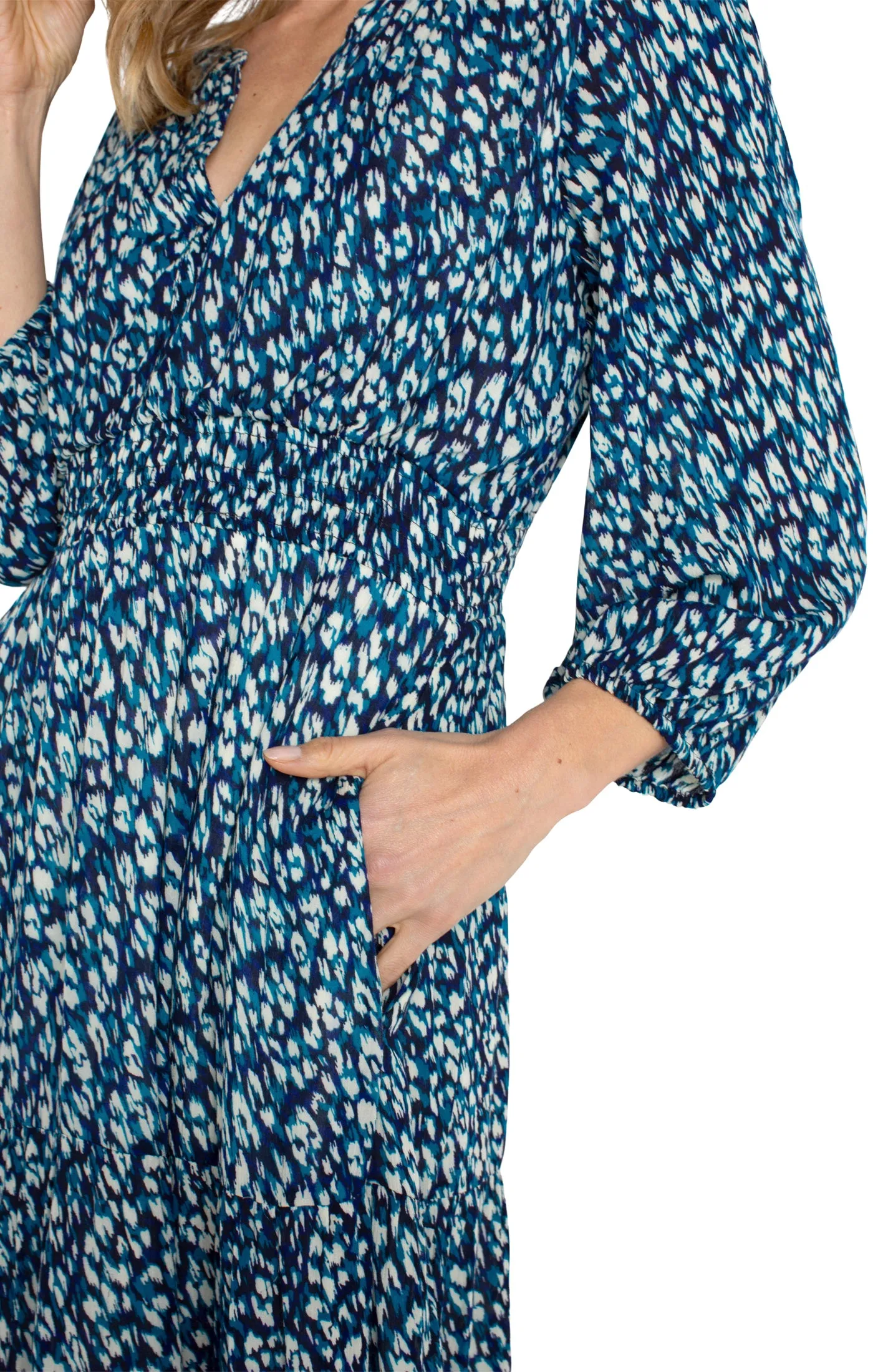 Liverpool 3/4 Sleeve Tiered Woven Maxi Dress (Blue Topaz Animal)