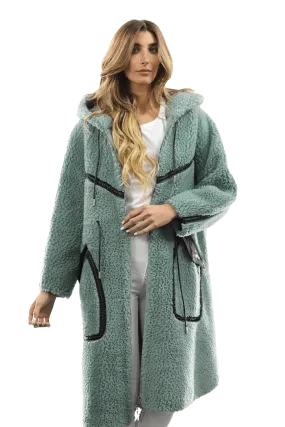 Long Faux Fur Coat with Black detail - Green