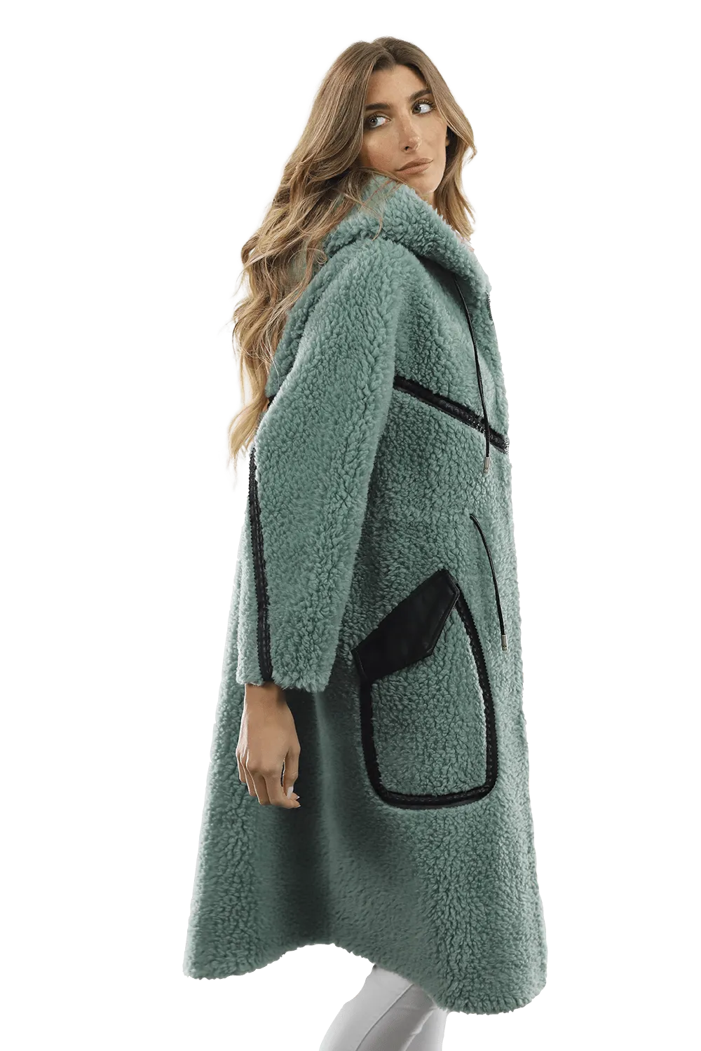 Long Faux Fur Coat with Black detail - Green