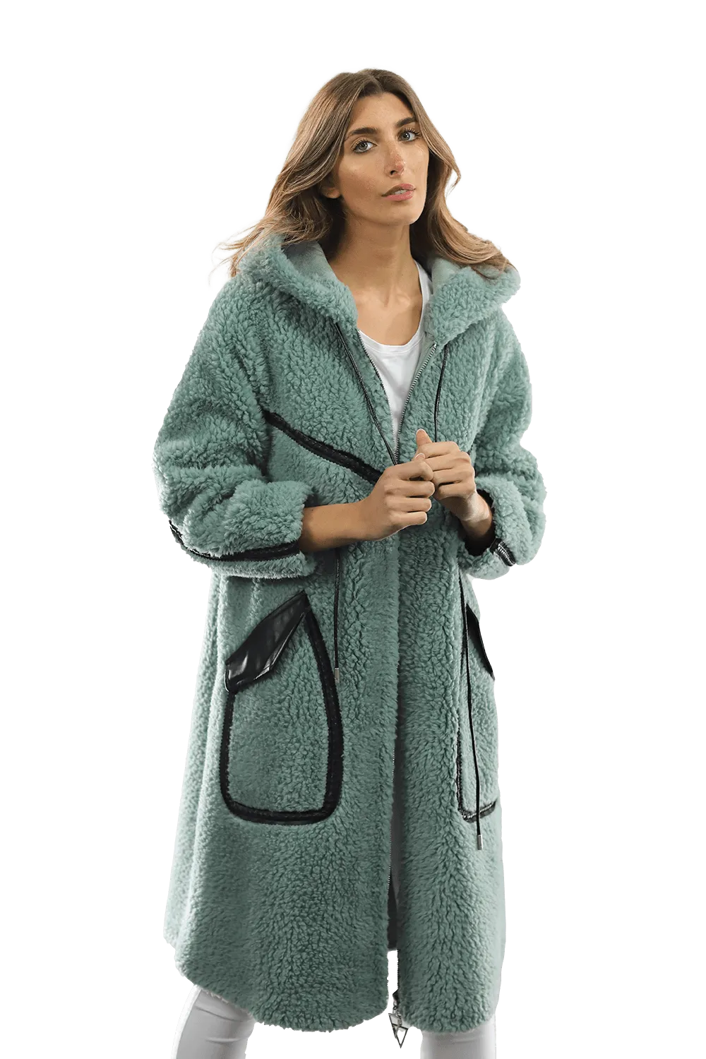 Long Faux Fur Coat with Black detail - Green