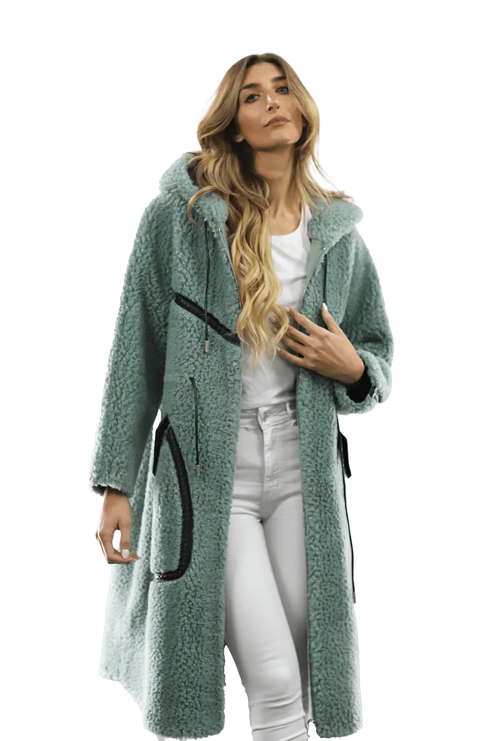 Long Faux Fur Coat with Black detail - Green