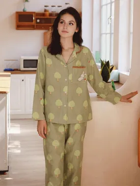 Long Sleeve Green Trees & Rabbit Print Pajama Set