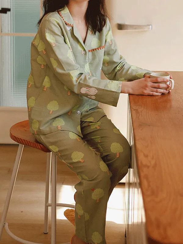 Long Sleeve Green Trees & Rabbit Print Pajama Set