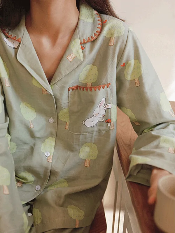 Long Sleeve Green Trees & Rabbit Print Pajama Set